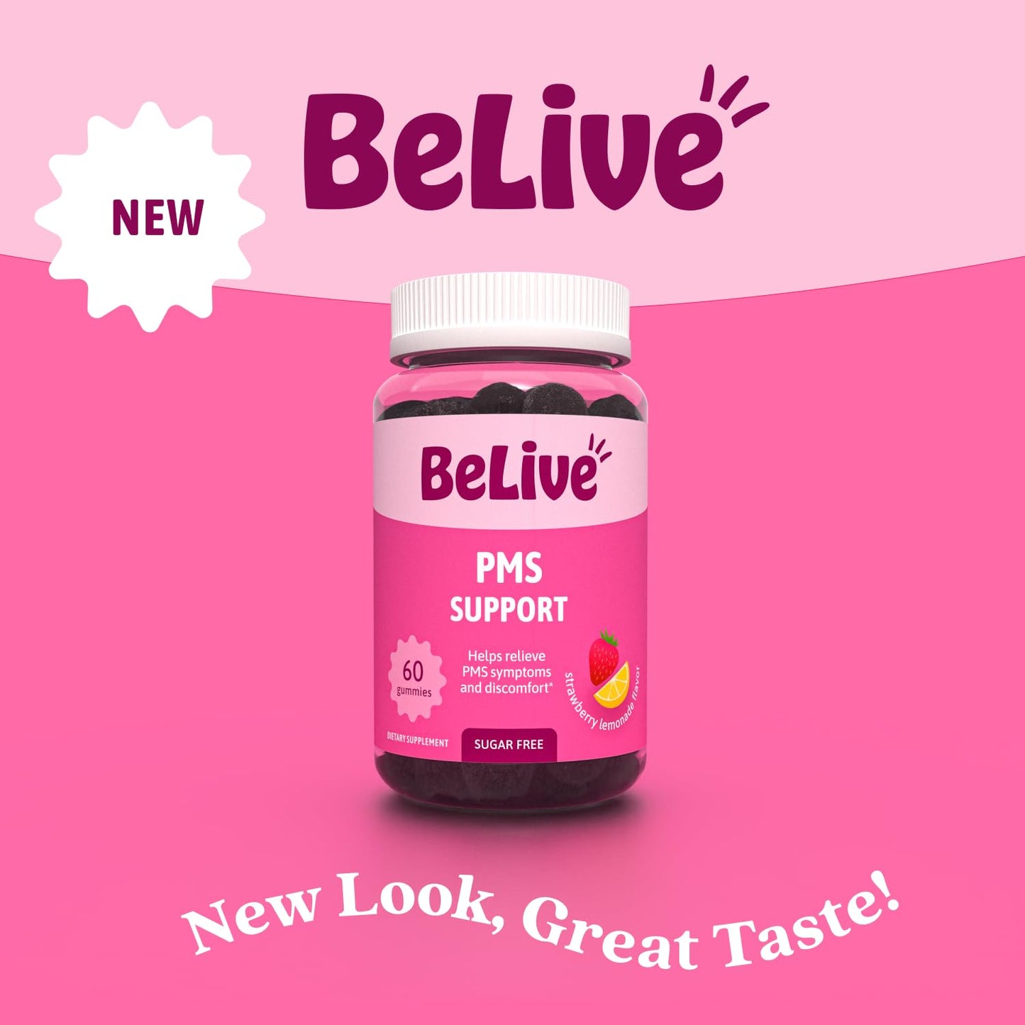 BeLive PMS Support Gummies side view showing benefits