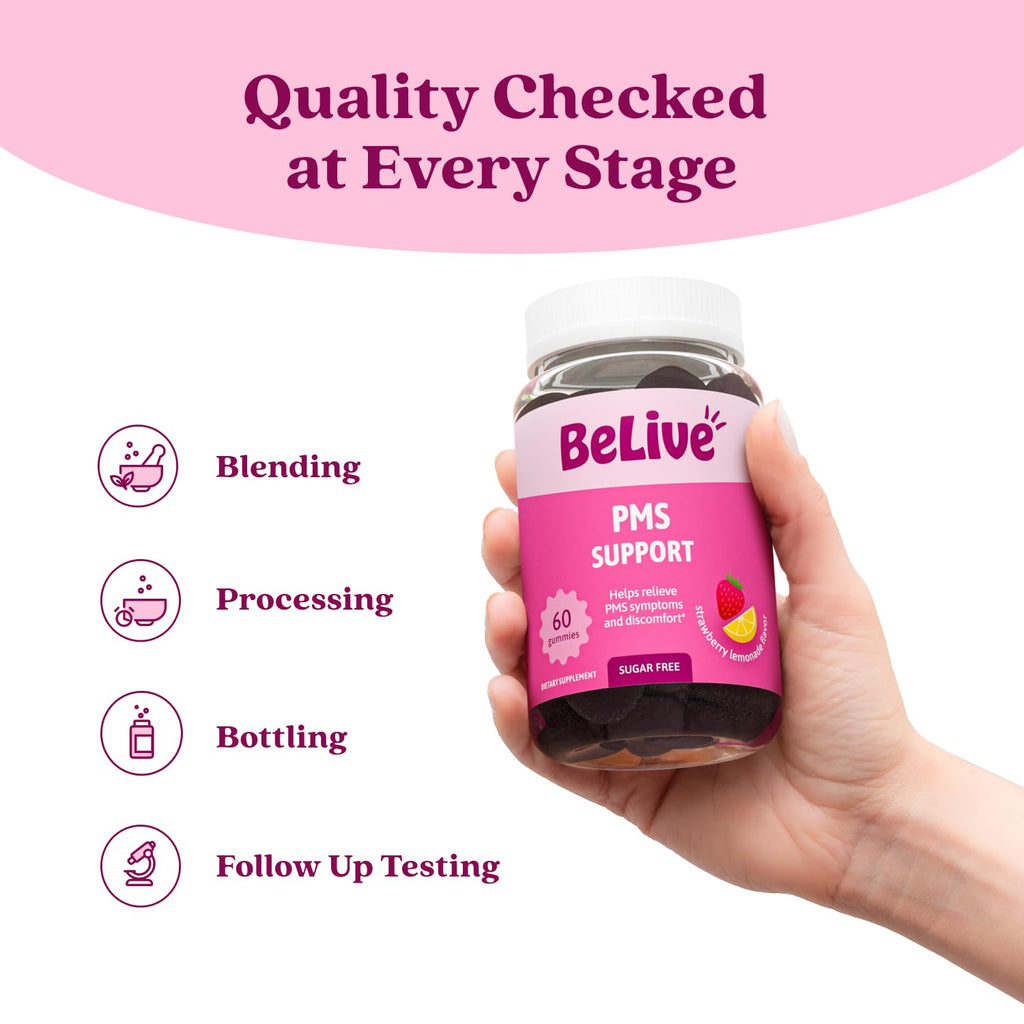 BeLive PMS Support Gummies bottle next to a glass of water
