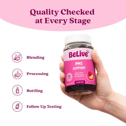 BeLive PMS Support Gummies bottle next to a glass of water
