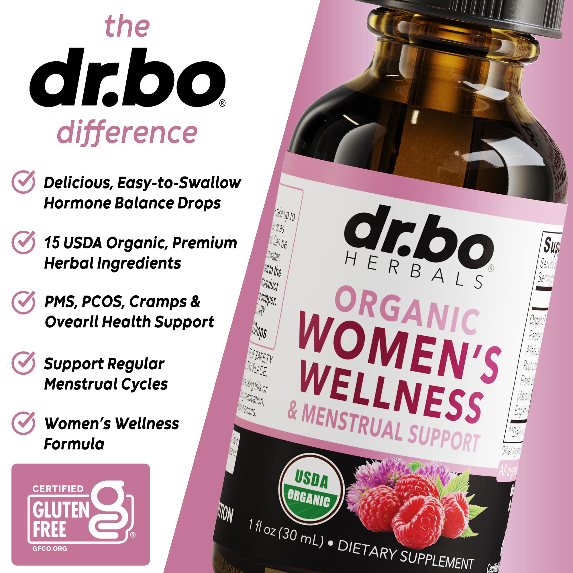 Dr. Bo hormone support drops with natural herb graphics