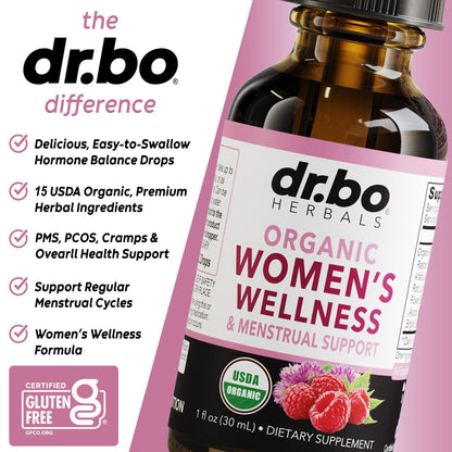 Dr. Bo hormone support drops with natural herb graphics
