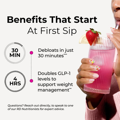 Close up of strawberry lemon flavored prebiotics and enzymes supplement.