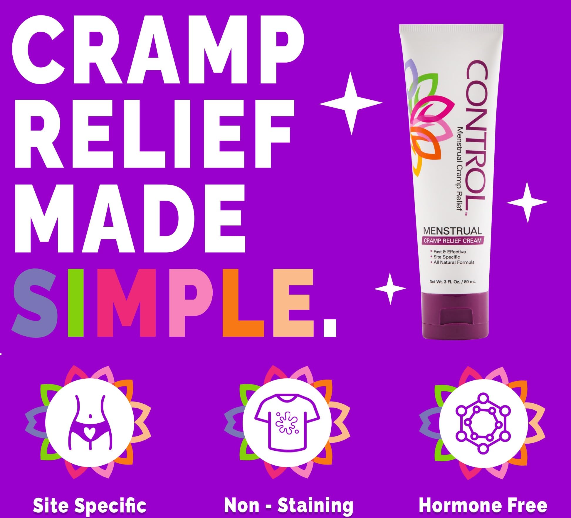 Control topical analgesic cream for menstrual cramp and PMS relief application.
