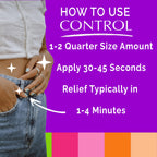 Back label of Control hormone free vegan period pain relief cream showing key details.