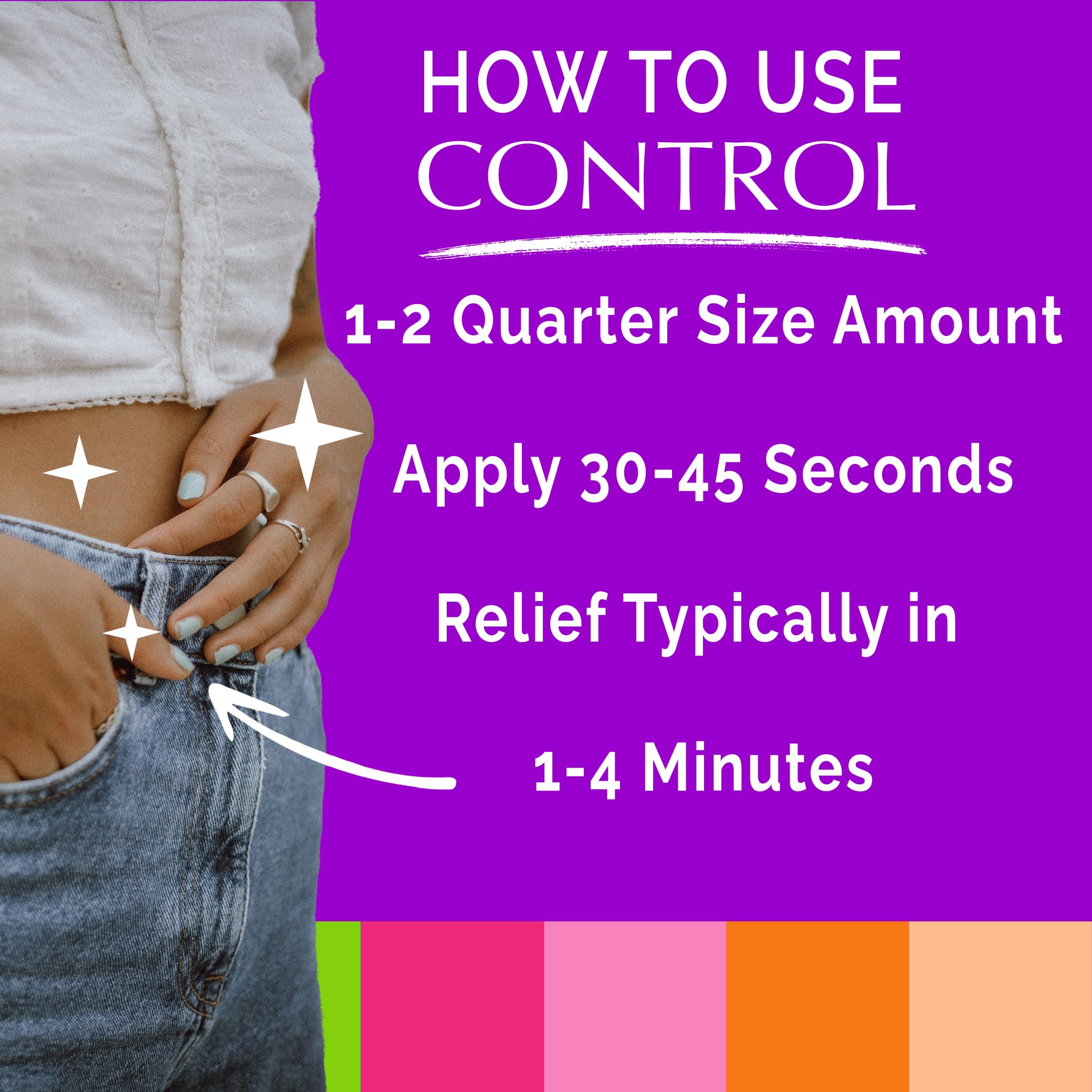 Back label of Control hormone free vegan period pain relief cream showing key details.