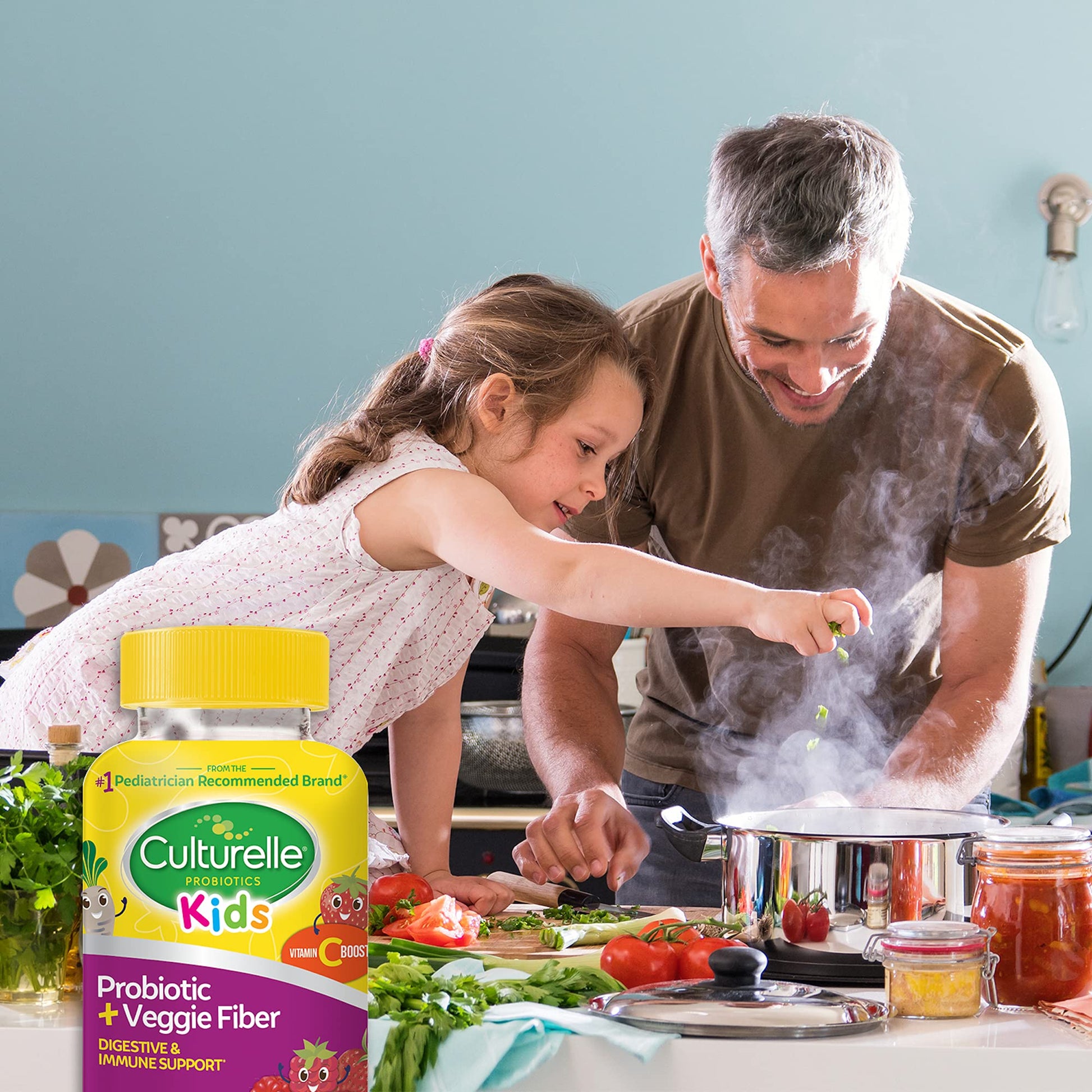 Culturelle kids chewable probiotic fiber vitamins premium import bottle display