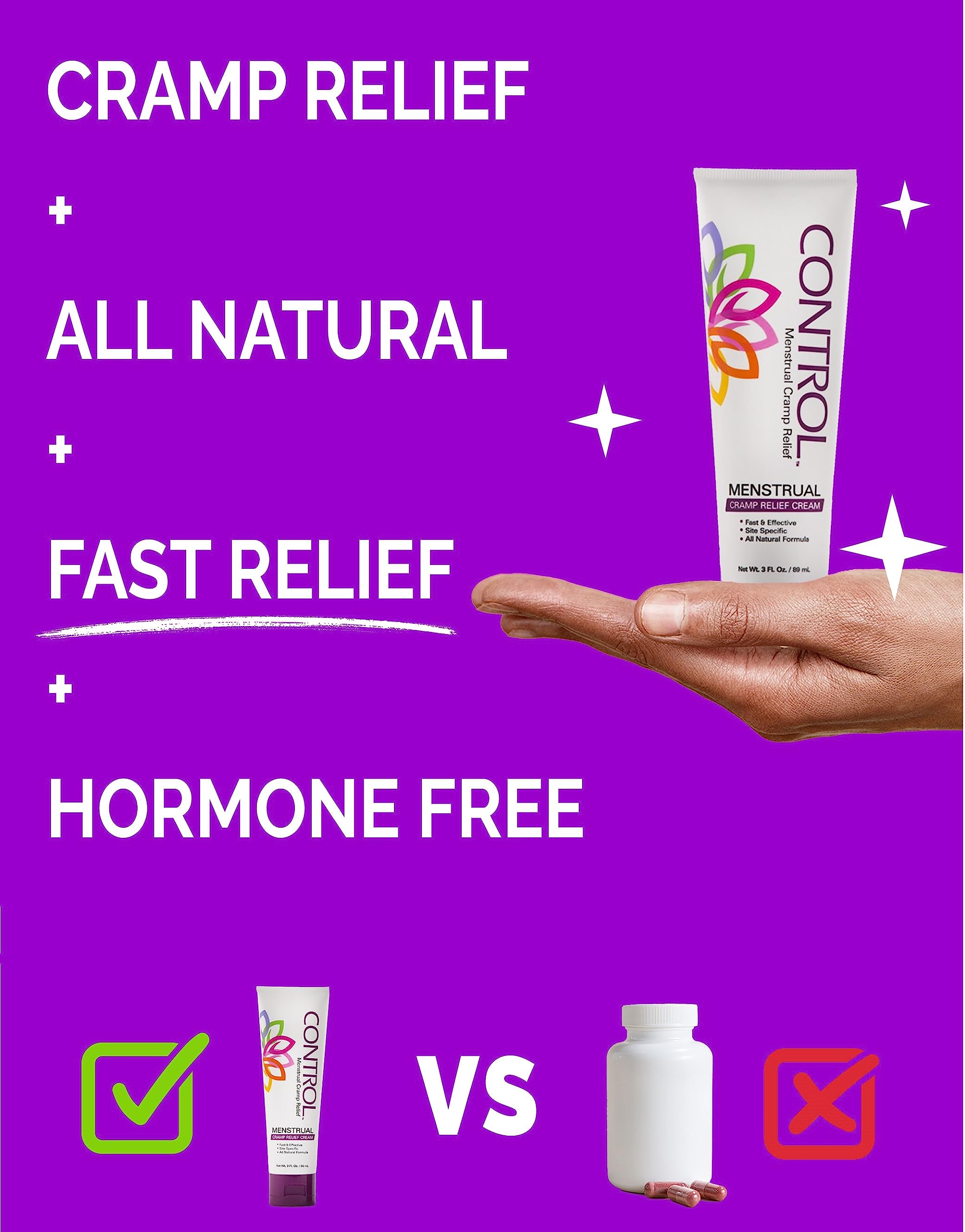 All natural Control period cramp relief ointment packaging for Indian consumers.