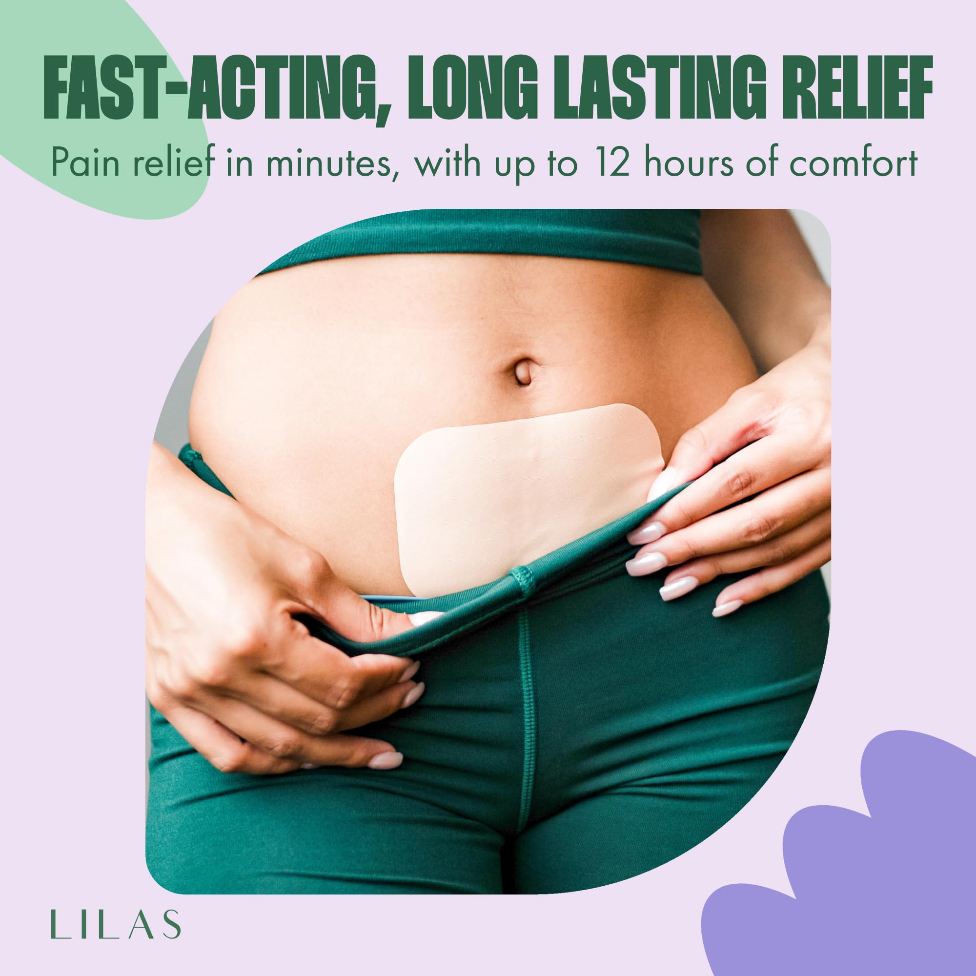 LILAS menstrual relief patch applied discreetly on the lower abdomen for cramp care.