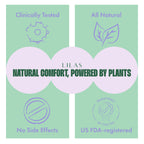 Close-up of the plant-based ingredients list on the LILAS period patch packaging.