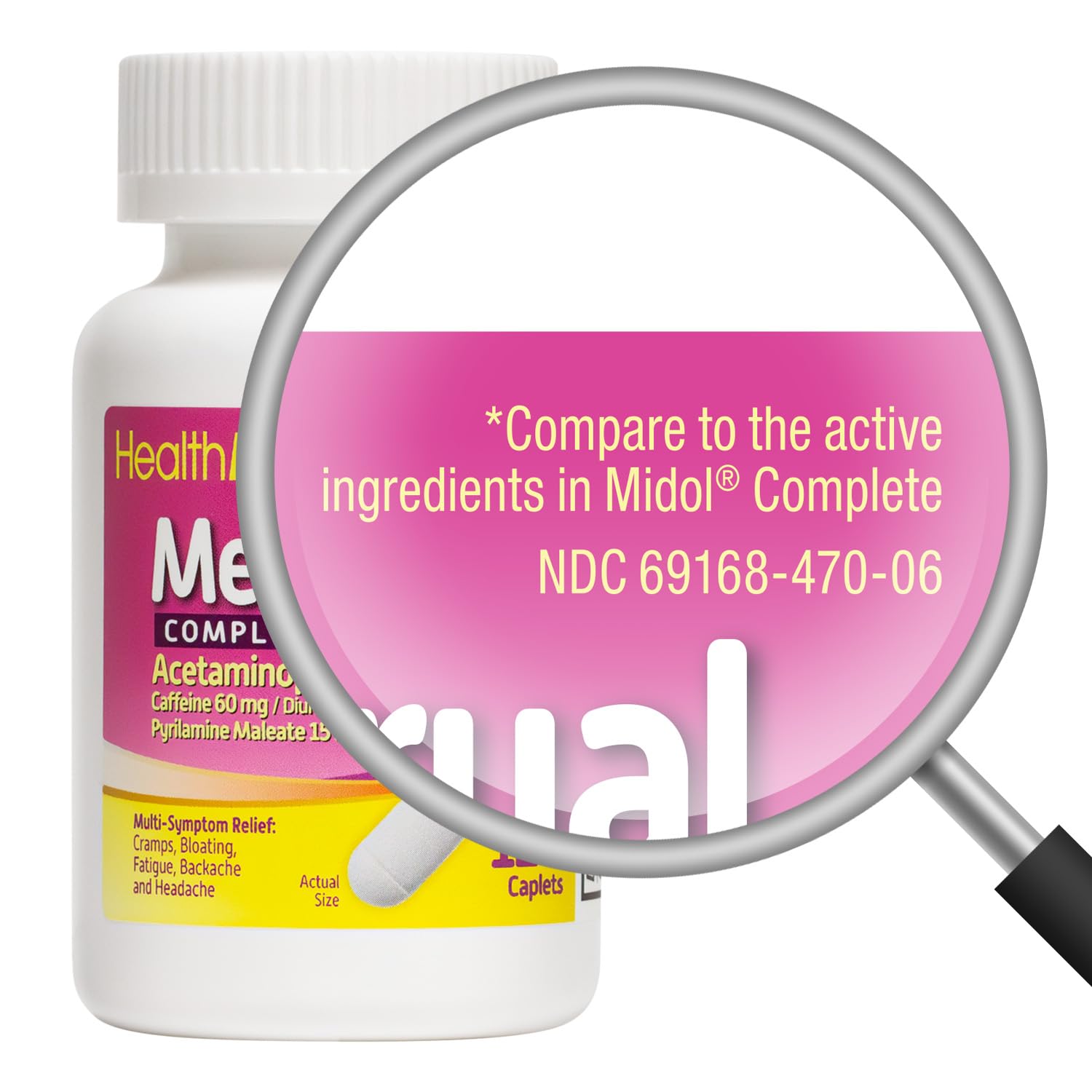 HealthA2Z Menstrual Complete pain relief caplets bottle side view