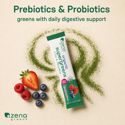 Zena Nutrition super greens mixed berry flavor powder supplement fact panel with ingredients