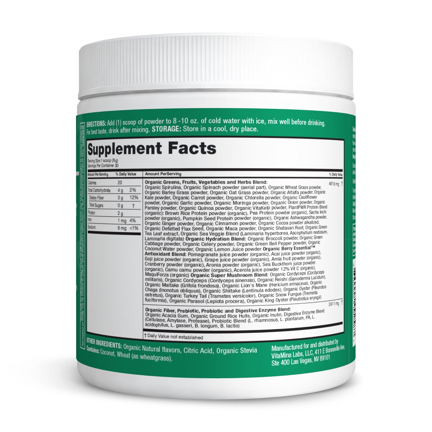 Zena Nutrition Organic Super Greens packaging display showcasing its six mushroom complex