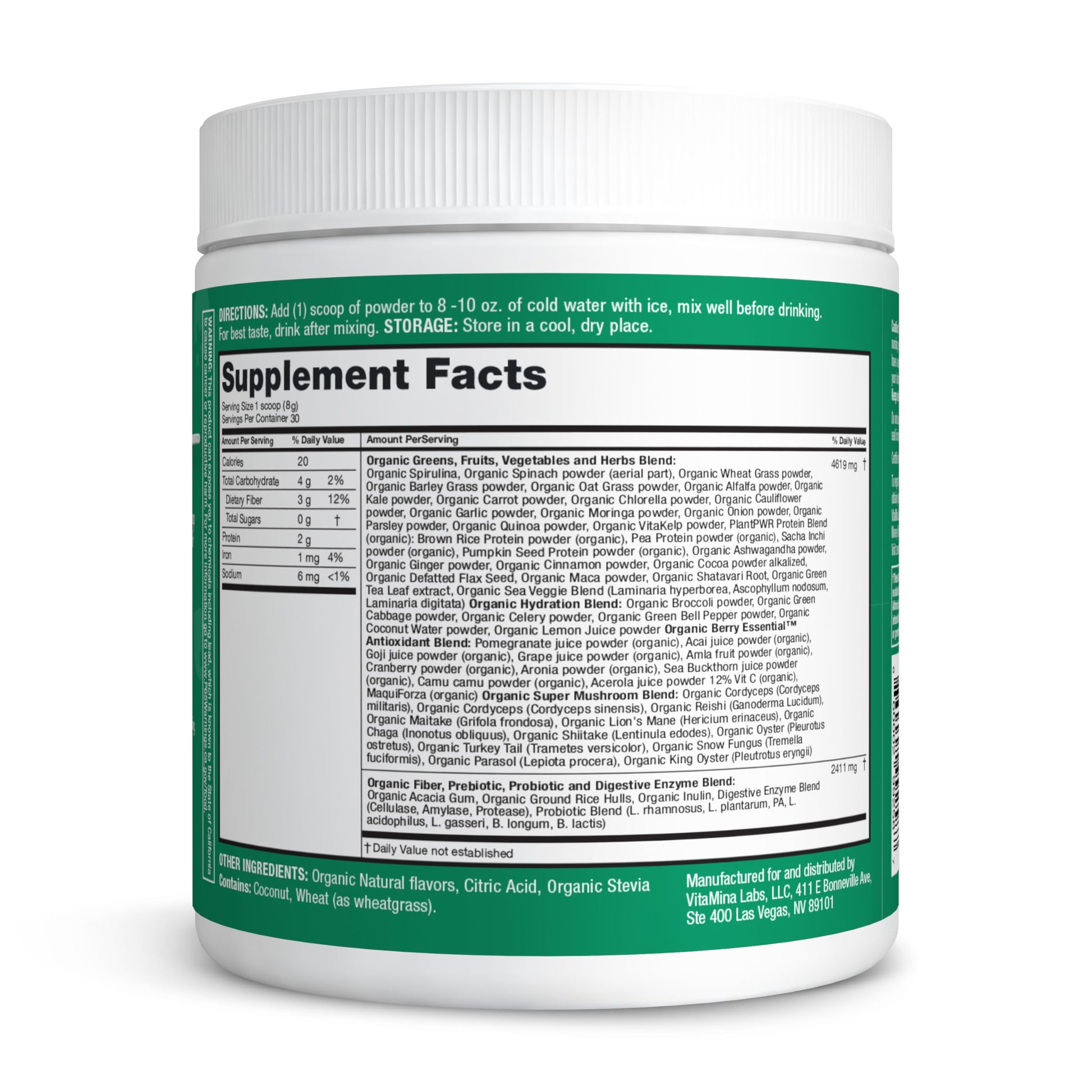Zena Nutrition Organic Super Greens packaging display showcasing its six mushroom complex