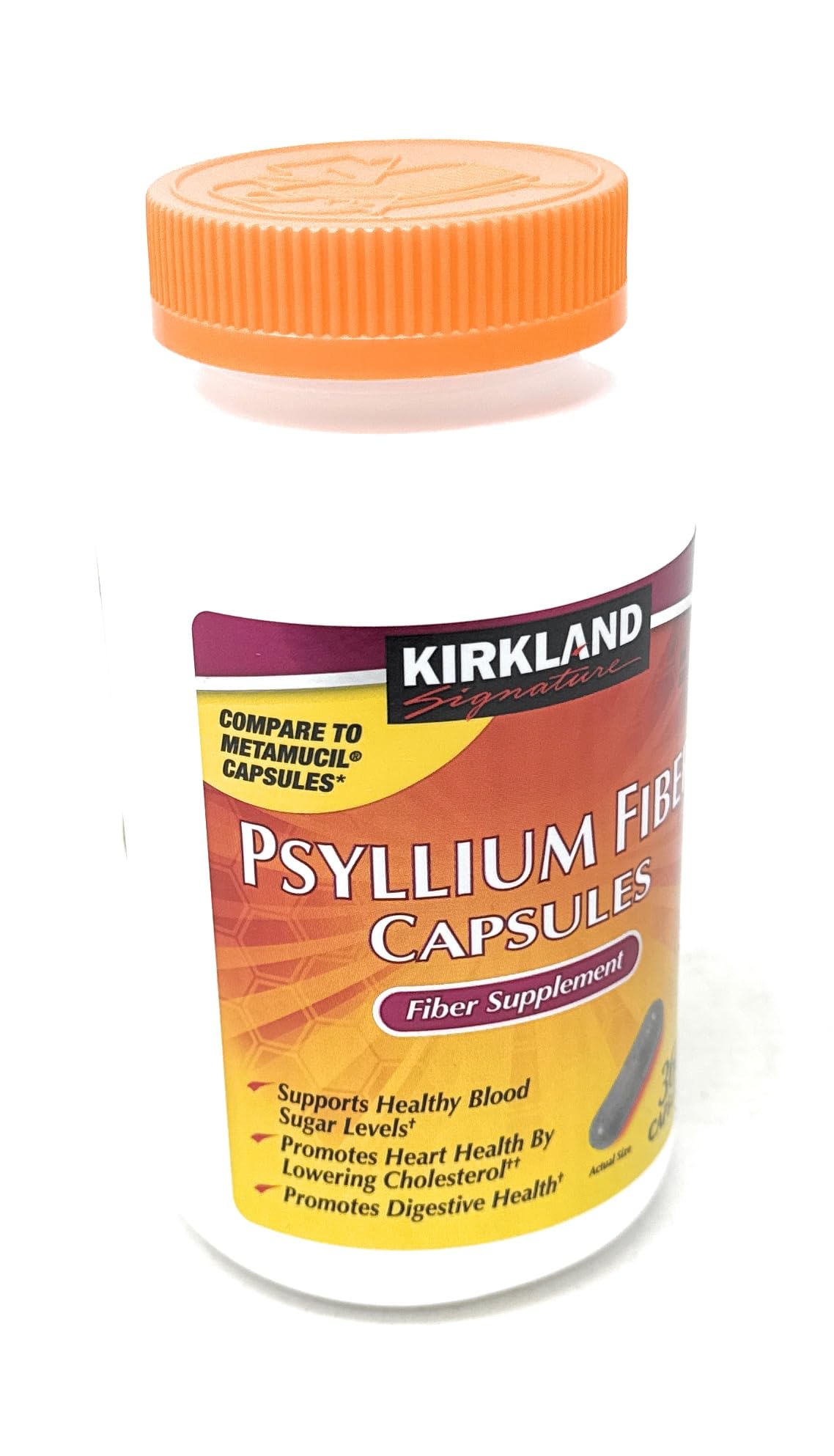 Imported Kirkland Signature bulk forming fiber laxative capsules close up view