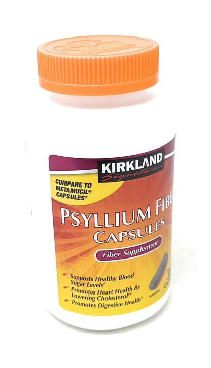 Imported Kirkland Signature bulk forming fiber laxative capsules close up view