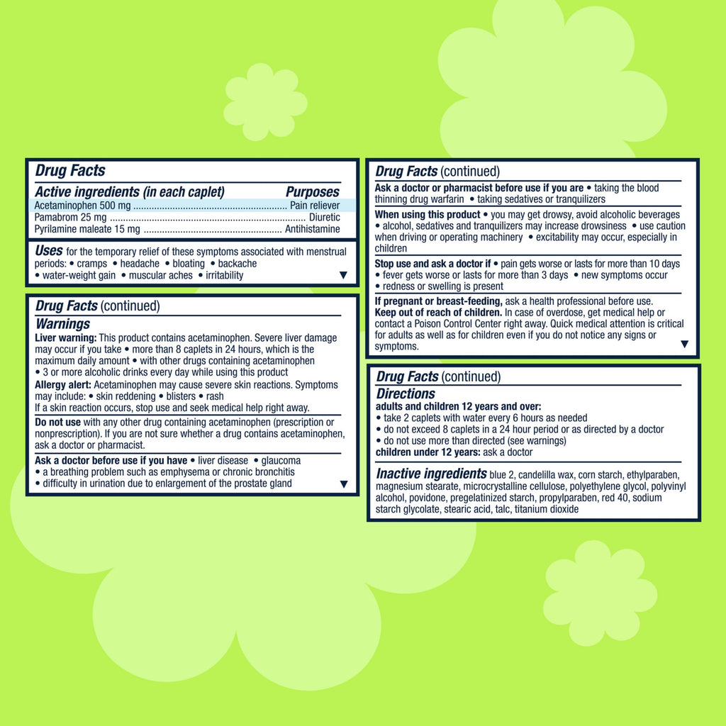 Pamprin caffeine free and aspirin free menstrual pain relief caplets side view with ingredient details.