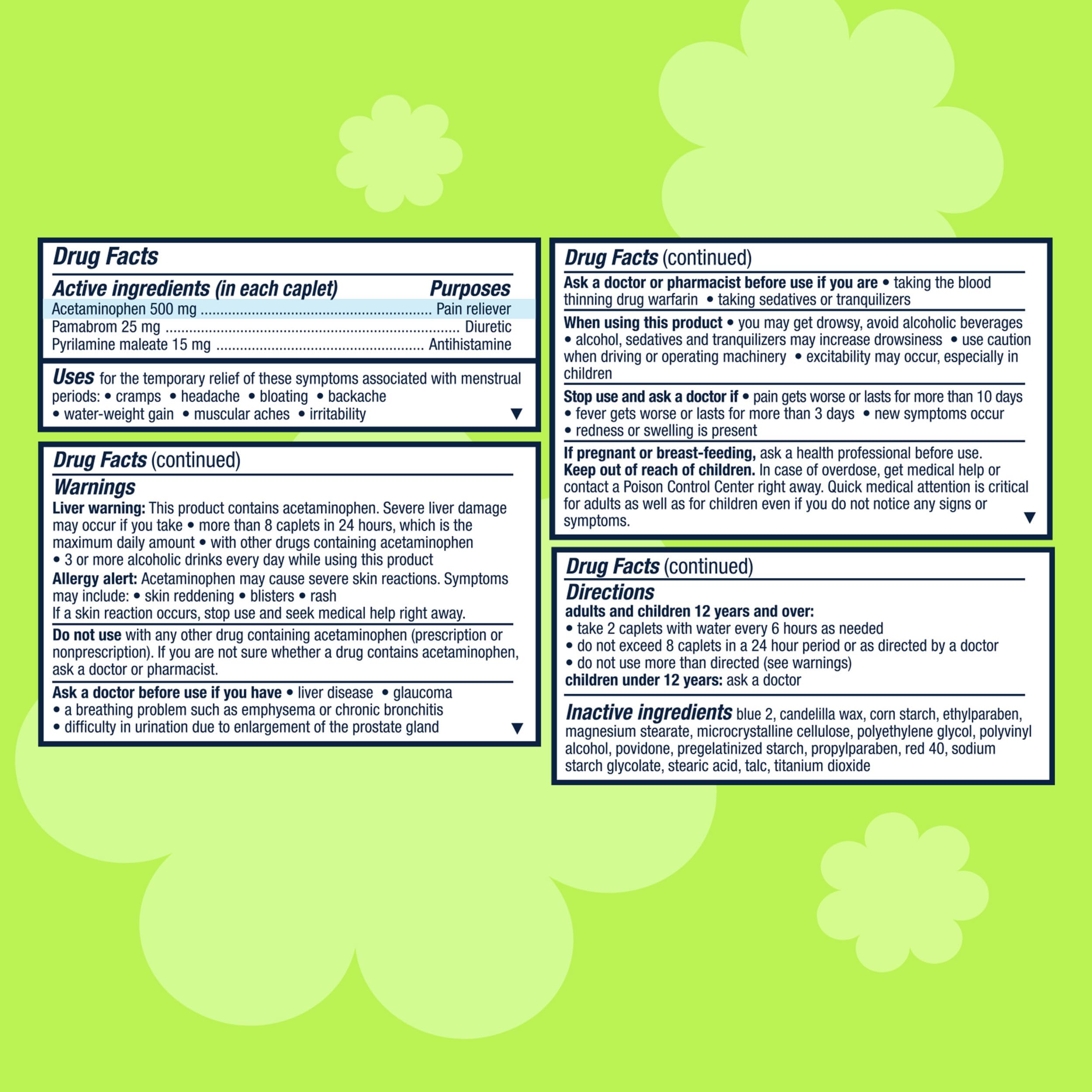 Pamprin caffeine free and aspirin free menstrual pain relief caplets side view with ingredient details.