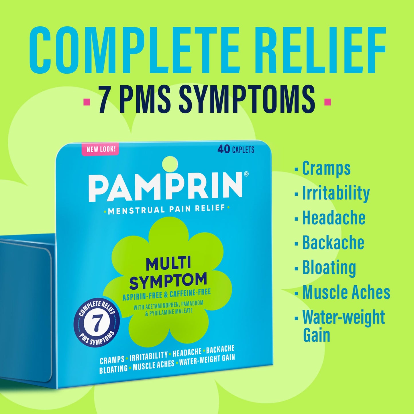 Authentic Pamprin maximum strength multi symptom period cramp relief medicine back label instructions.