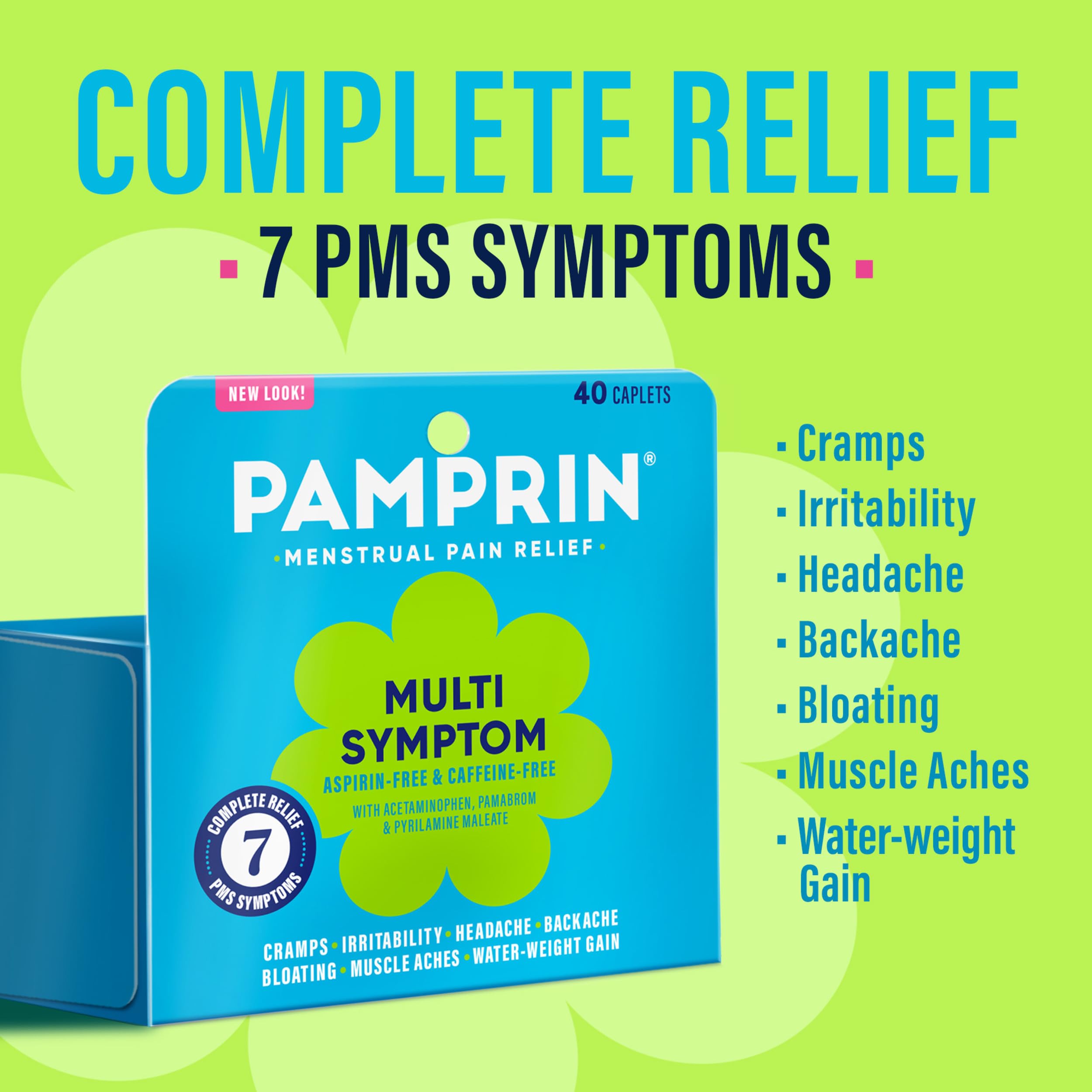 Authentic Pamprin maximum strength multi symptom period cramp relief medicine back label instructions.