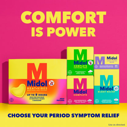 Midol Complete period care pills box for adult menstrual headache and backache treatment.
