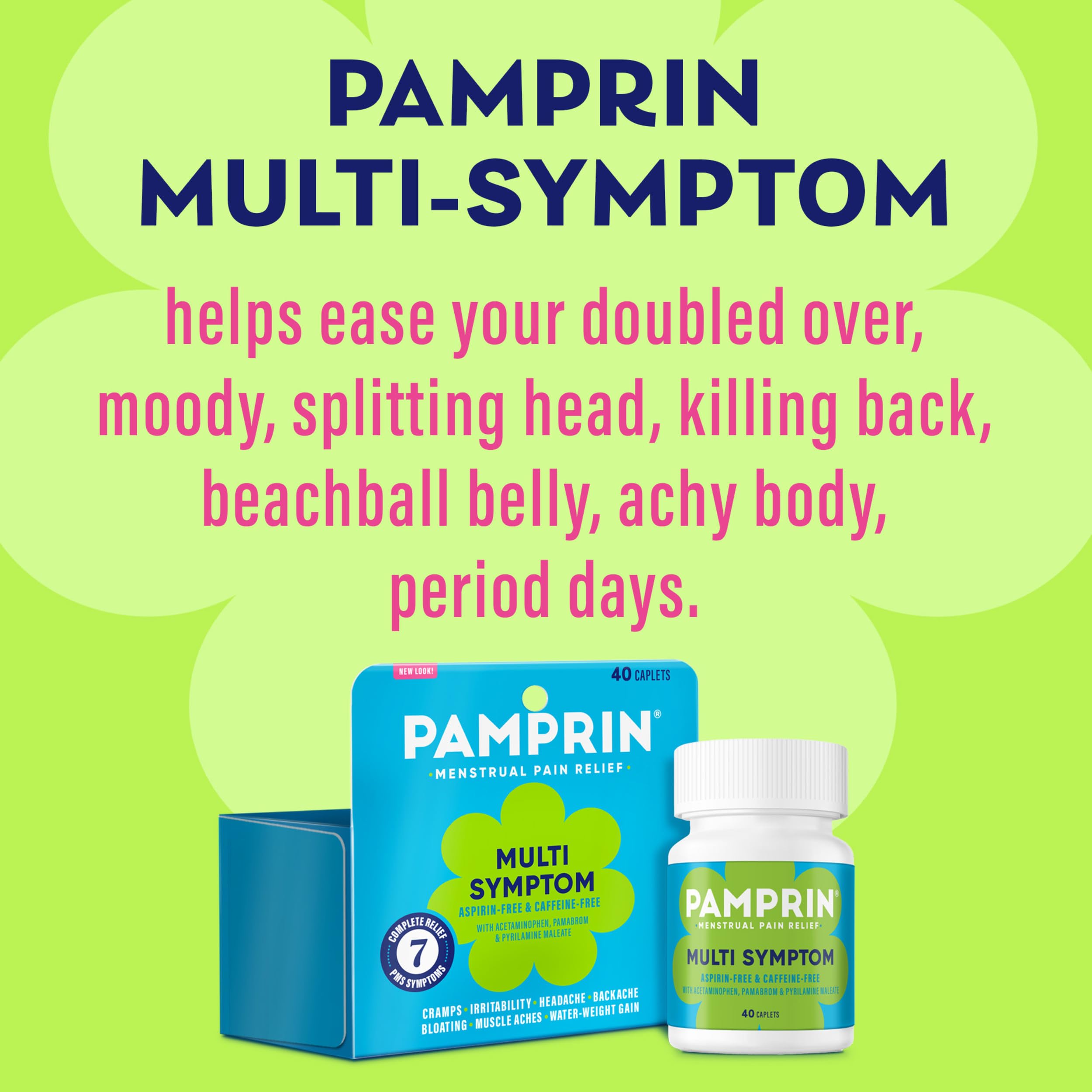 Pamprin 40 count caplets box showing triple action formula for bloating and irritability relief.