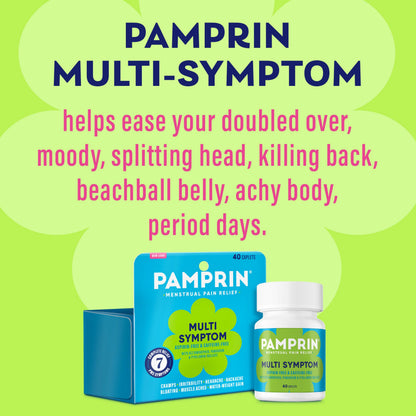 Pamprin 40 count caplets box showing triple action formula for bloating and irritability relief.