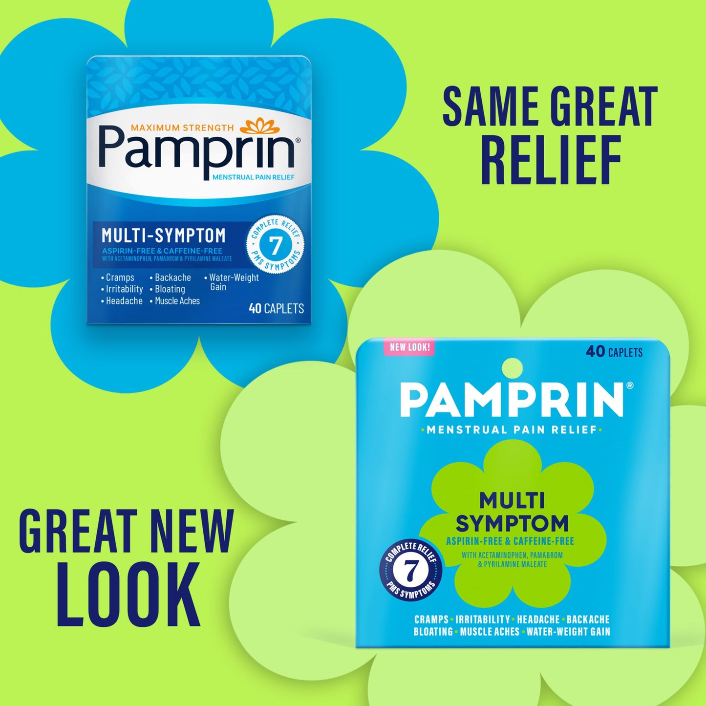 Pamprin menstrual period symptoms relief caplets box side panel displaying warnings and dosage.