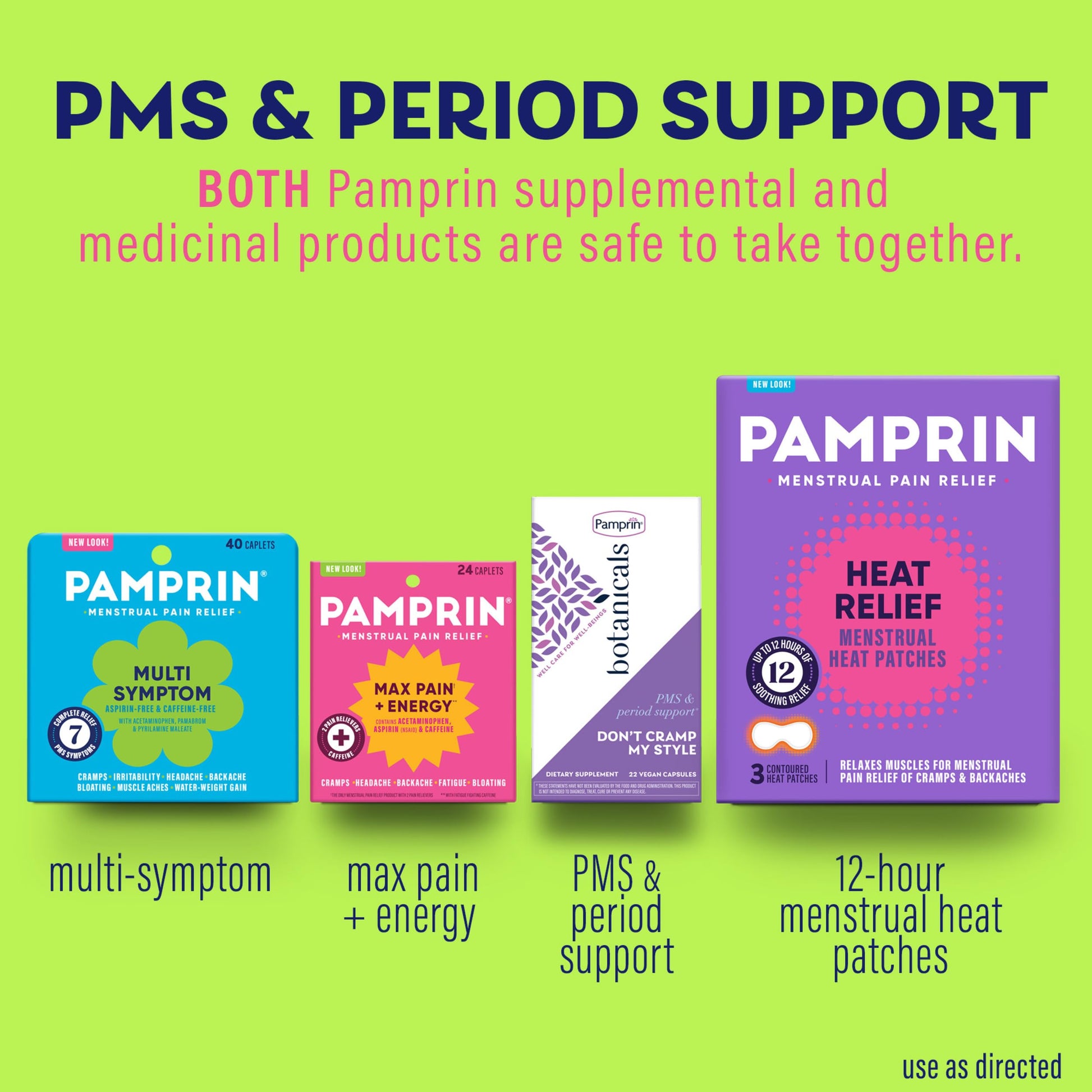 Pamprin multi symptom period pain relief product layout demonstrating full packaging details.
