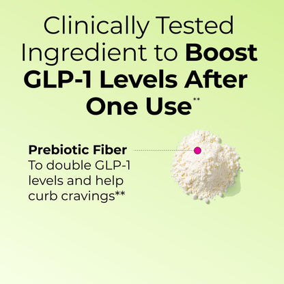 Side view of HUM Flatter Me Fiber powder highlighting eighteen digestive enzymes.