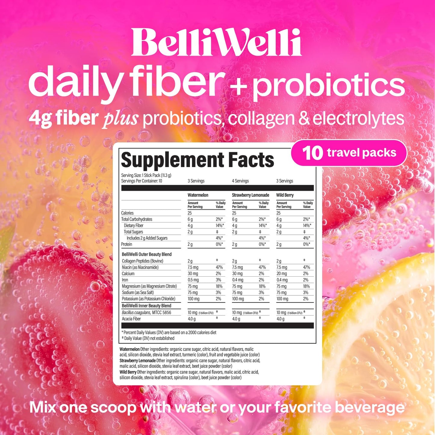 BelliWelli prebiotic fiber packets with collagen and probiotics single serve stick display.