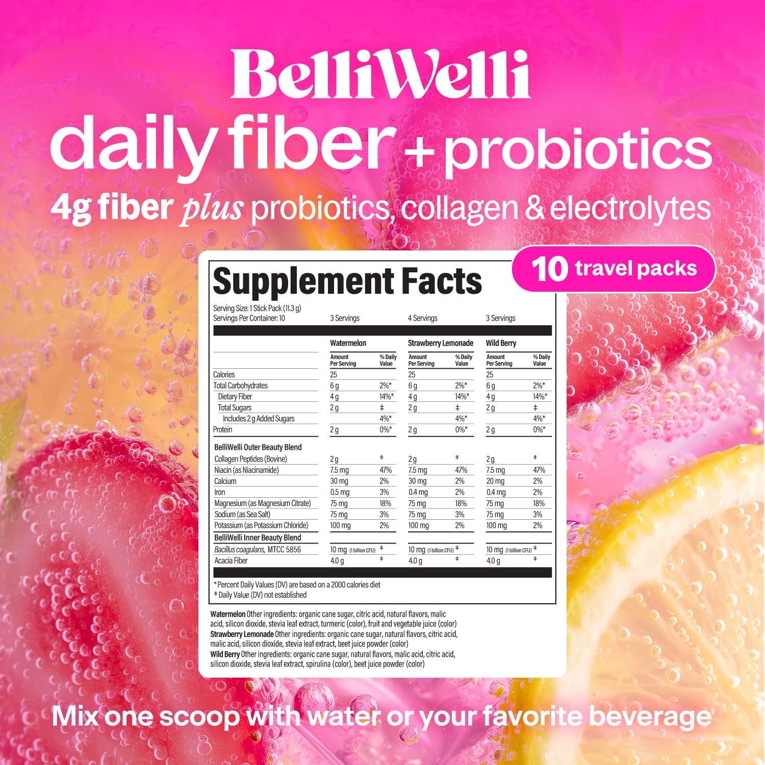 BelliWelli prebiotic fiber packets with collagen and probiotics single serve stick display.