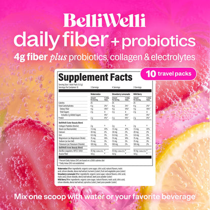 BelliWelli prebiotic fiber packets with collagen and probiotics single serve stick display.