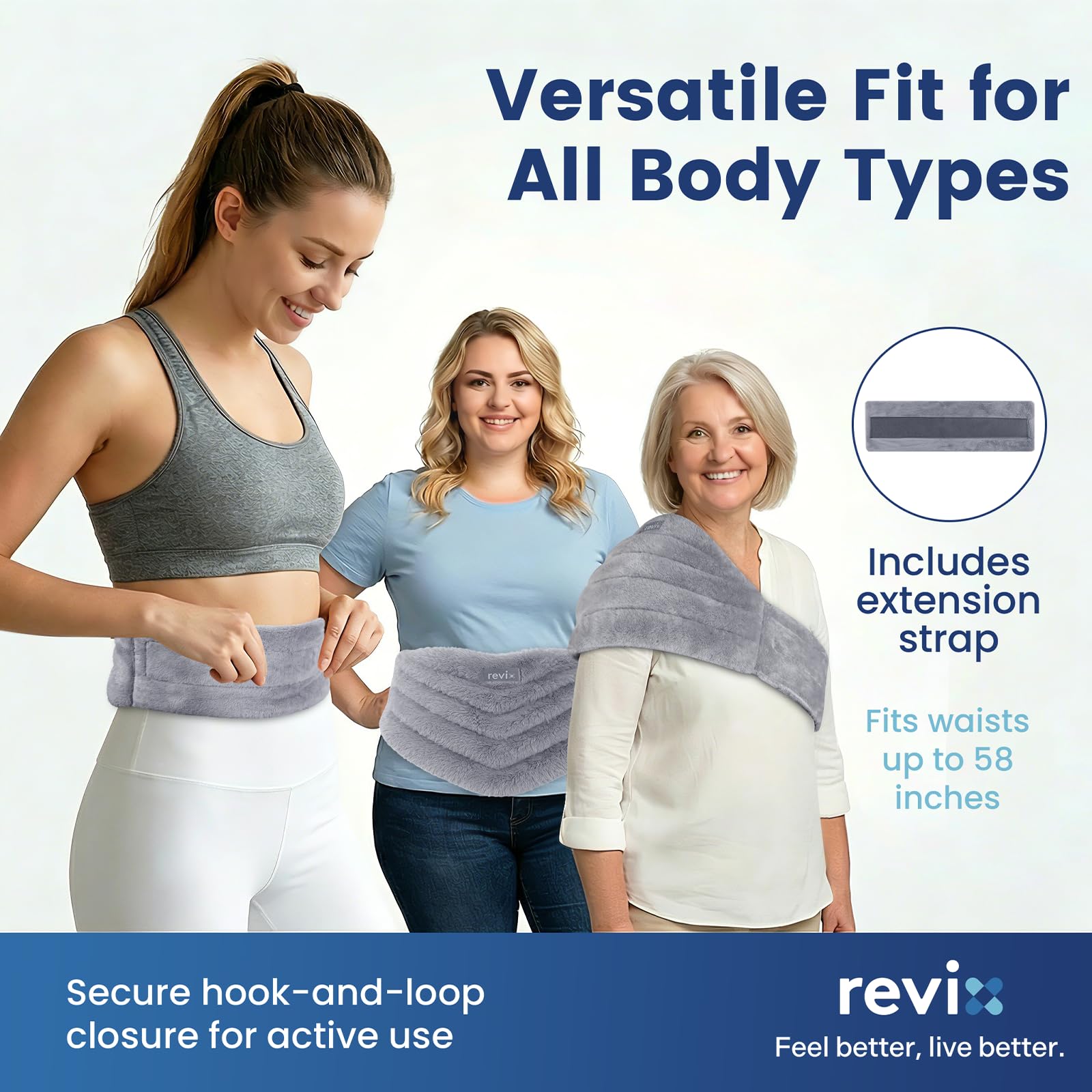 Revix heat pack applied to lower back for pain relief