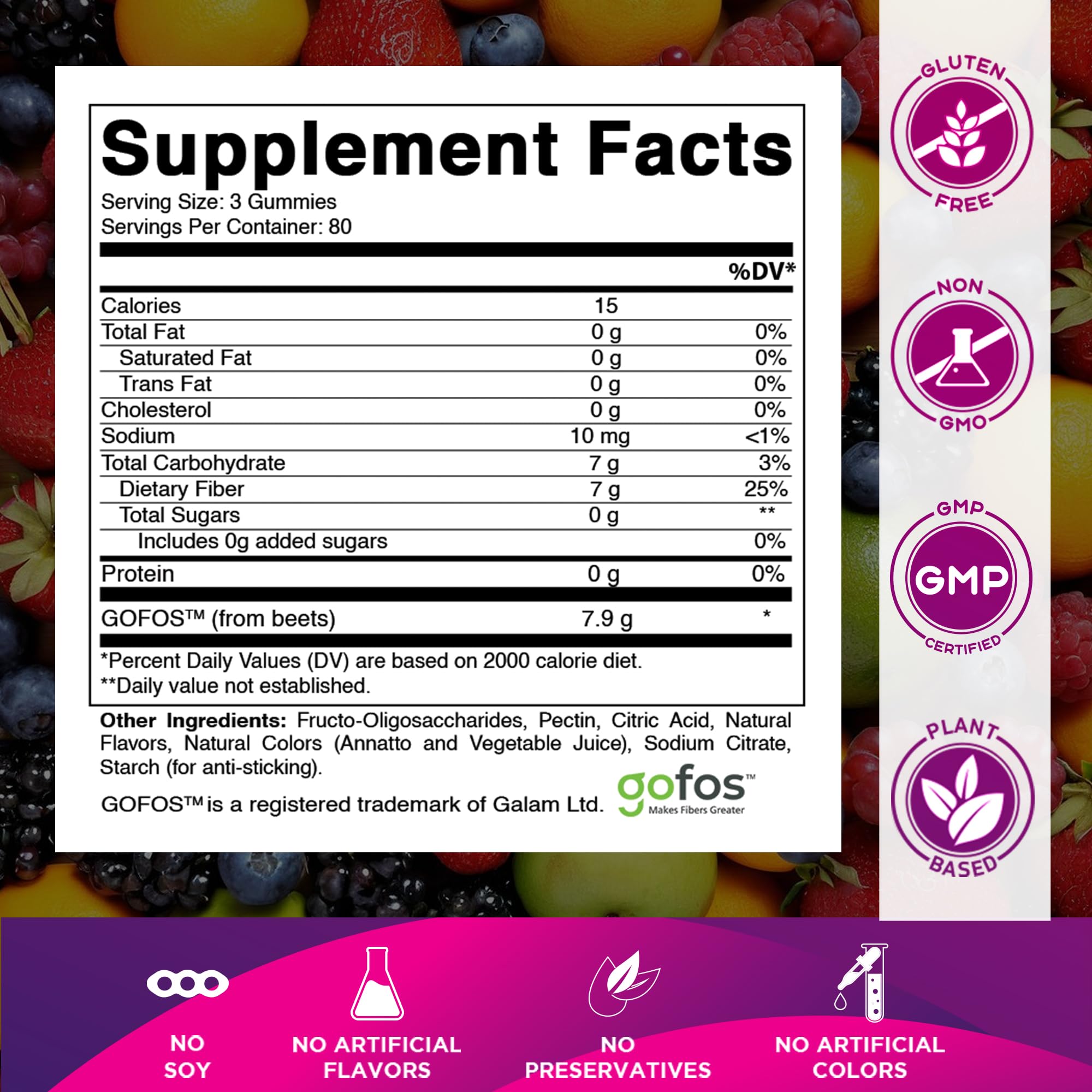 Close up of Vitamatic zero sugar fiber supplement label displaying the 7 Grams prebiotic formula.