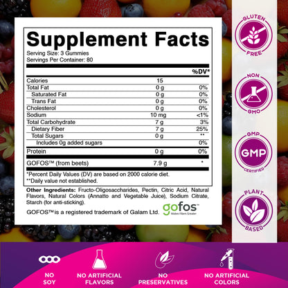 Close up of Vitamatic zero sugar fiber supplement label displaying the 7 Grams prebiotic formula.
