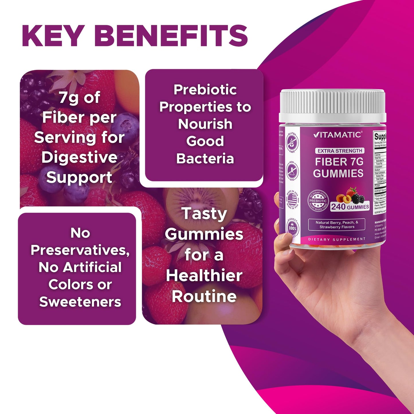 Vitamatic extra strength gut health supplement bottle on a clean background.