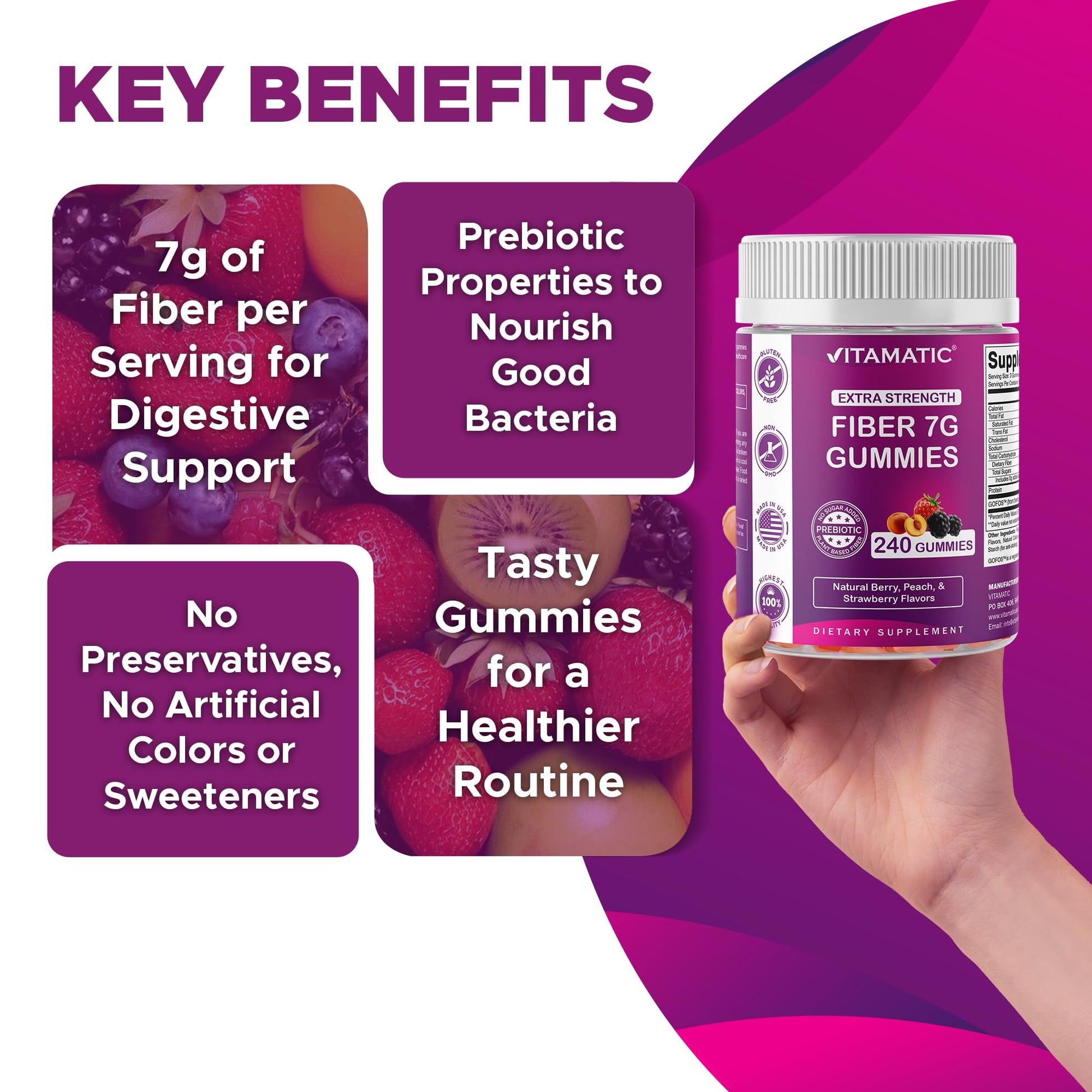 Vitamatic extra strength gut health supplement bottle on a clean background.