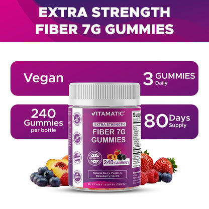 Nutritional information panel of Vitamatic 240 count prebiotic gummies showing zero added sugar.