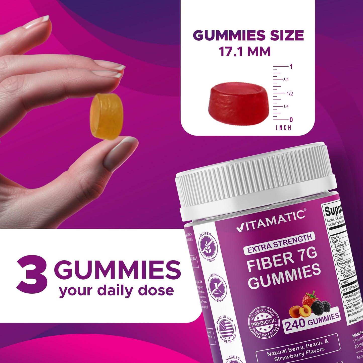 Vitamatic imported dietary supplements bottle showing natural berry peach and strawberry flavor graphics.
