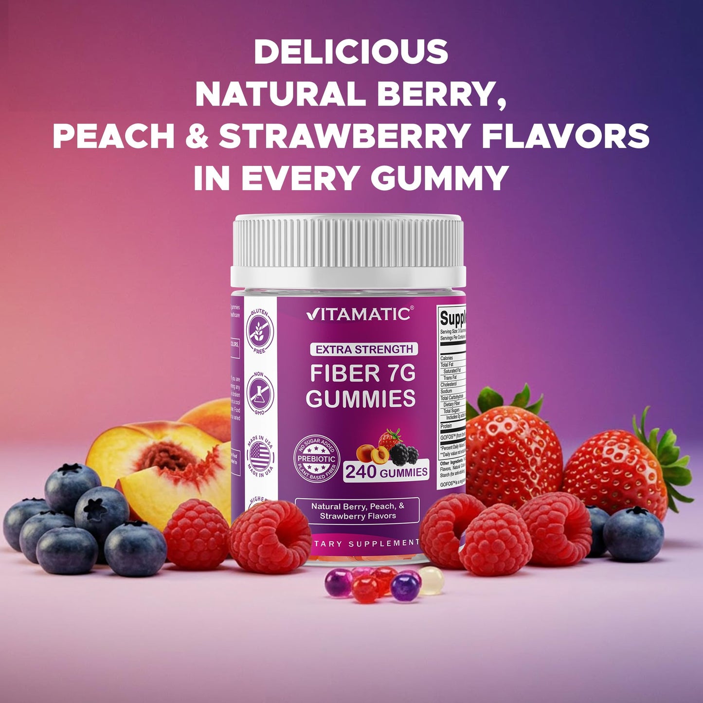 Top view of Vitamatic prebiotic fiber gummies bottle with a secure moisture proof safety cap.