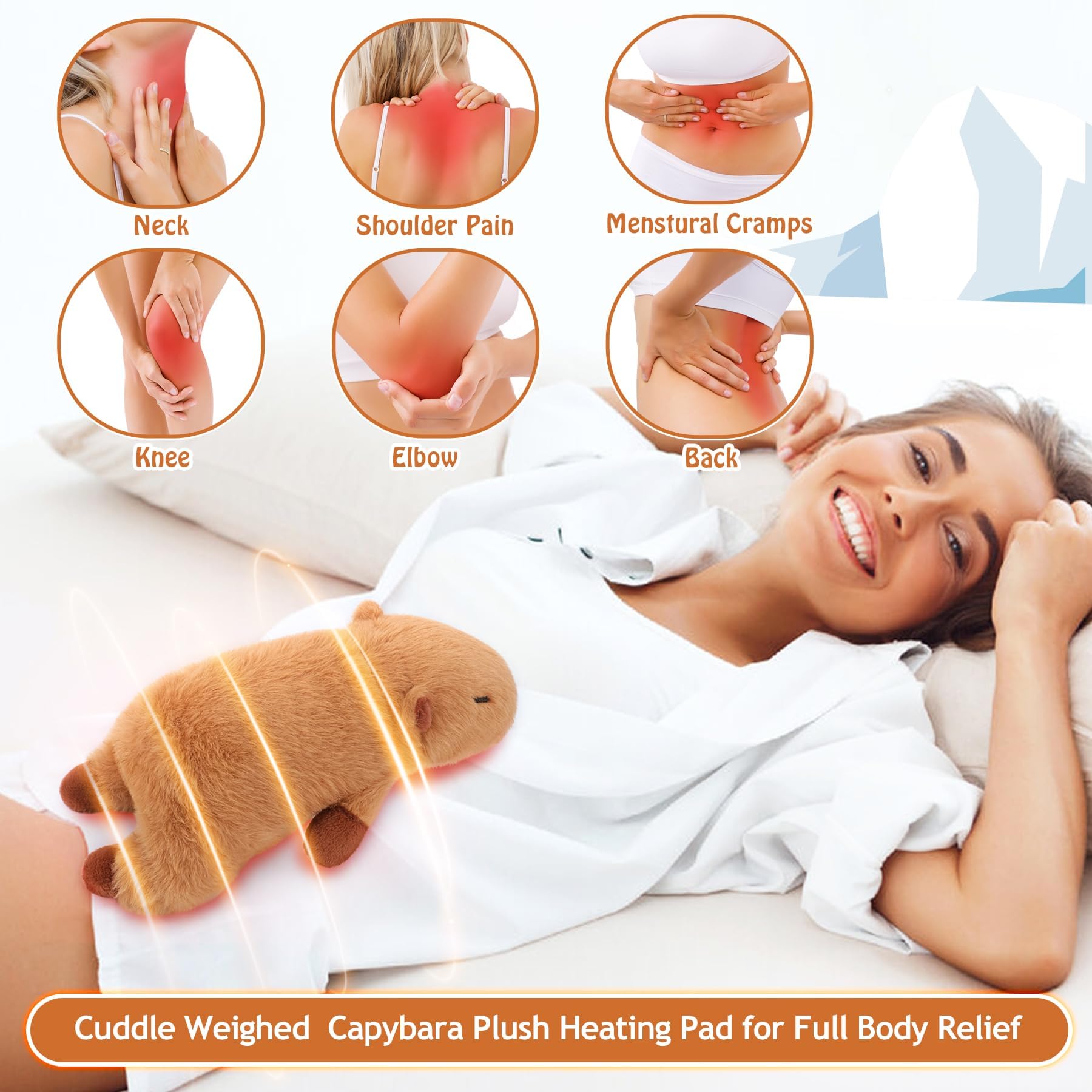 Weighted capybara heating pad showing soft plush texture