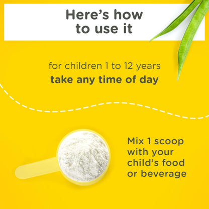Side view of Zarbee's 5.82 ounces fiber powder bottle outlining age specific pediatric directions.