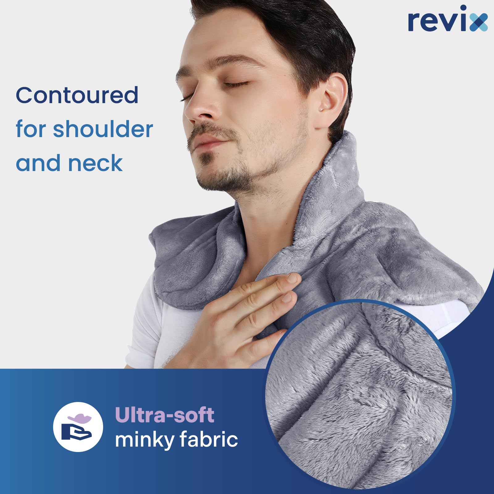 Weighted heating pad for back pain relief draped over shoulders