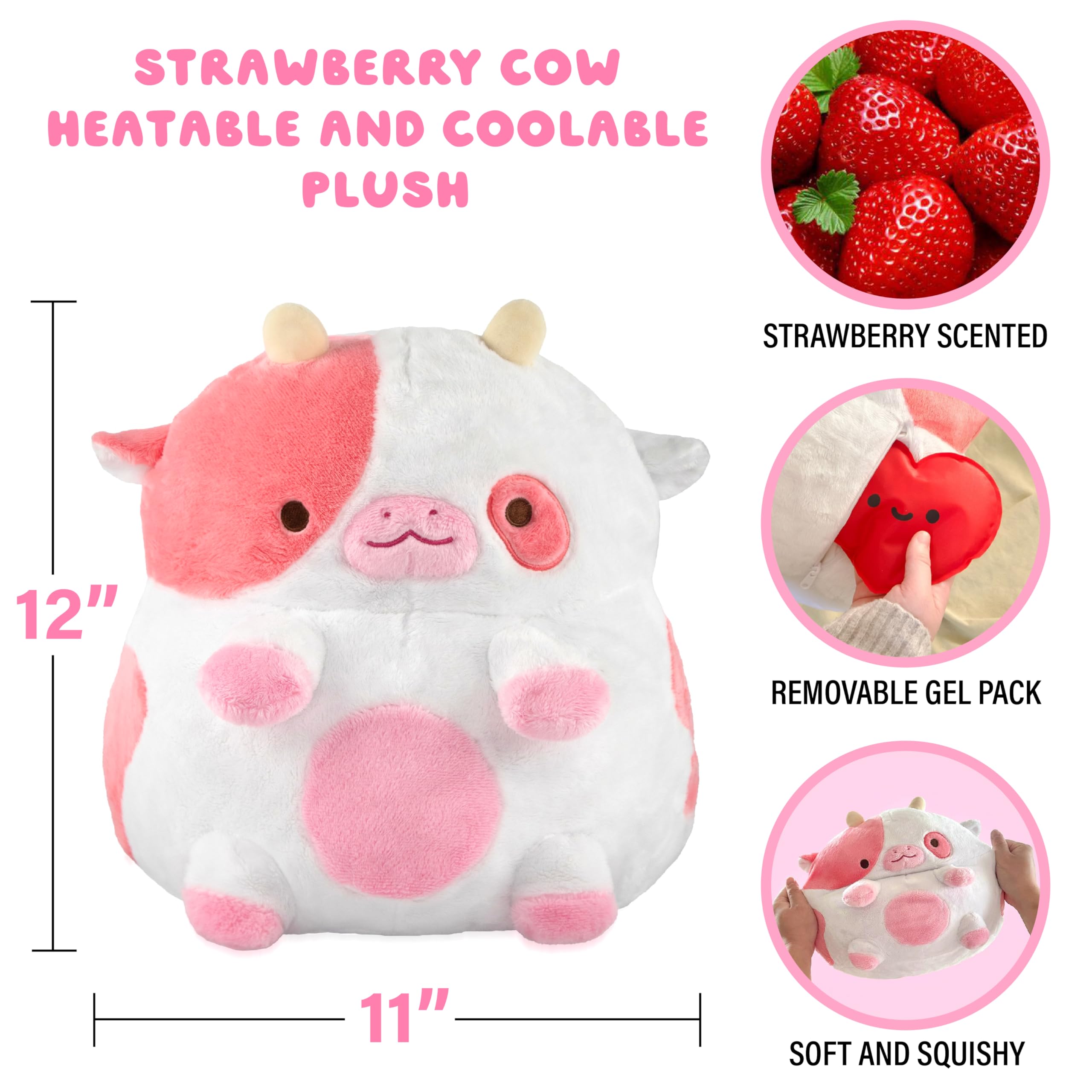 Side profile of Shopzoki cow plush showing the zippered gel pack compartment