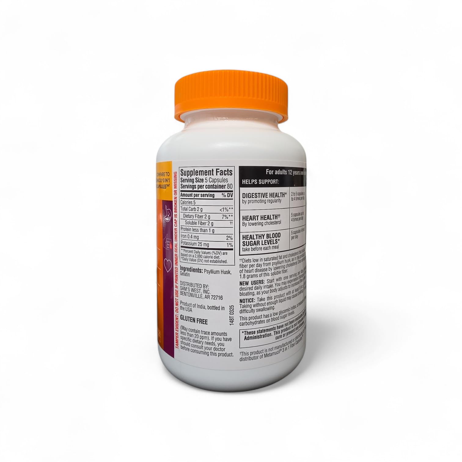 Member's Mark imported psyllium fiber supplement bottle showing product facts and directions