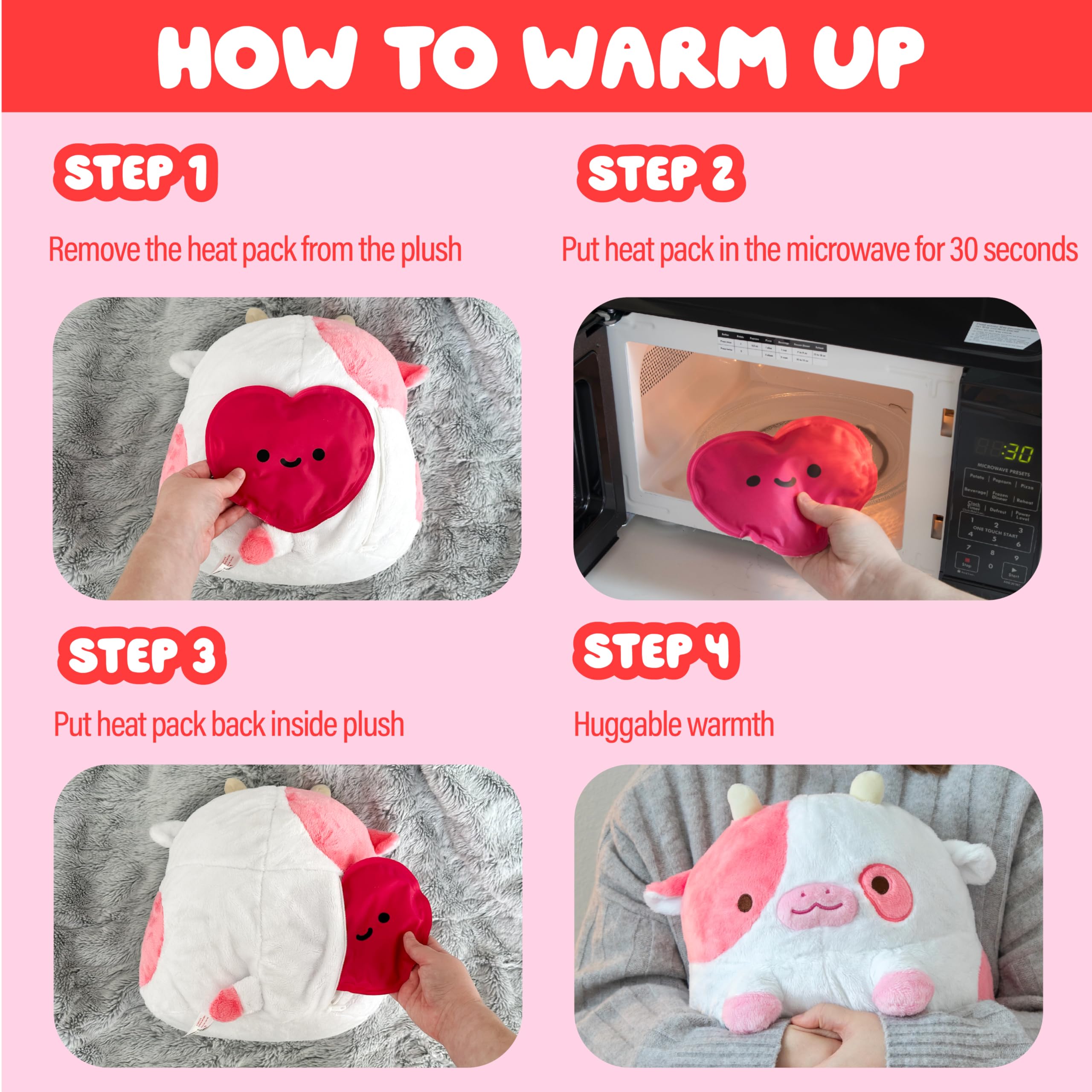 The Shopzoki heatable cow plush being used as an emotional support toy