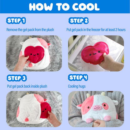 Detailed view of the strawberry cow plush design and stitching quality
