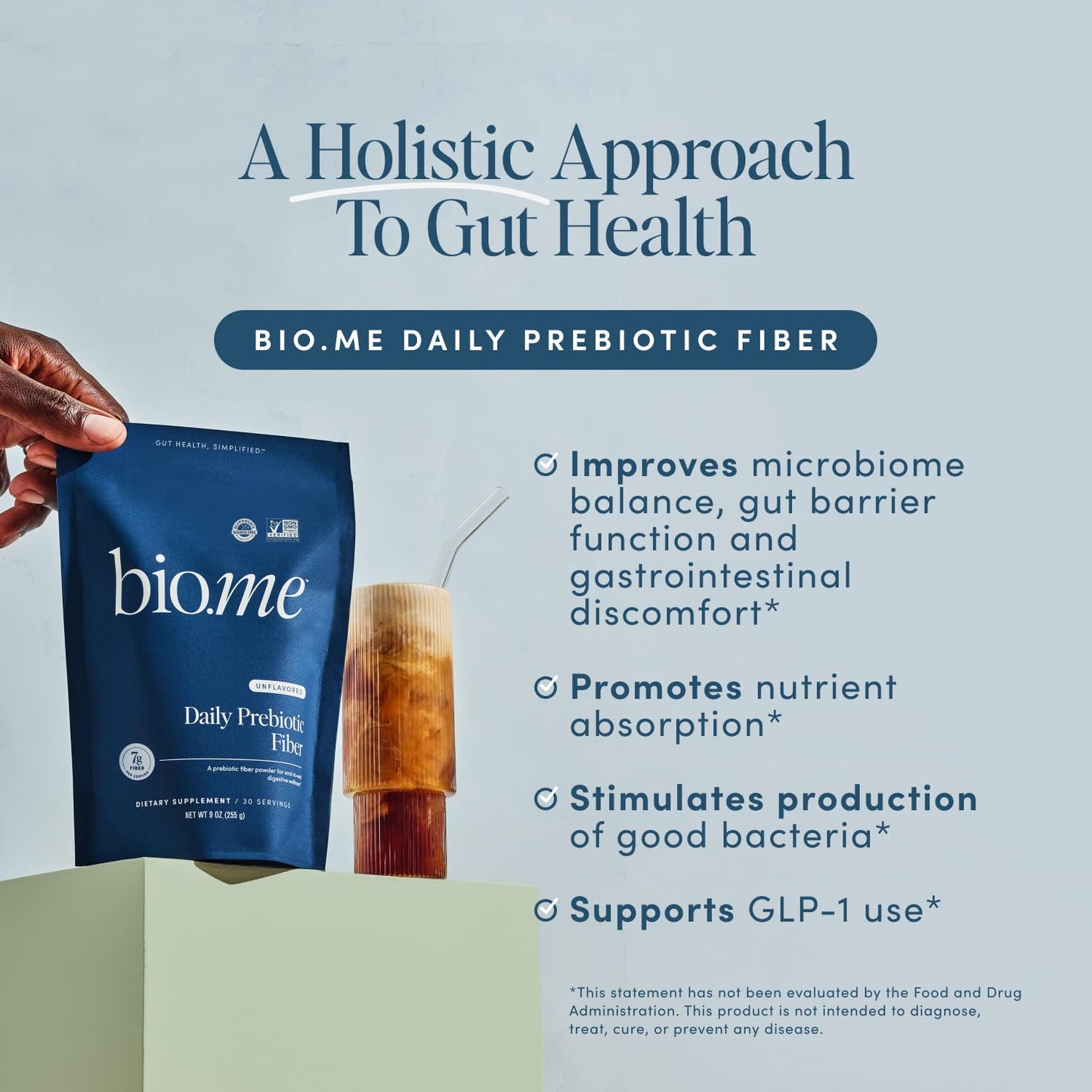 Bio.me unflavored daily prebiotic fiber powder nutritional information panel