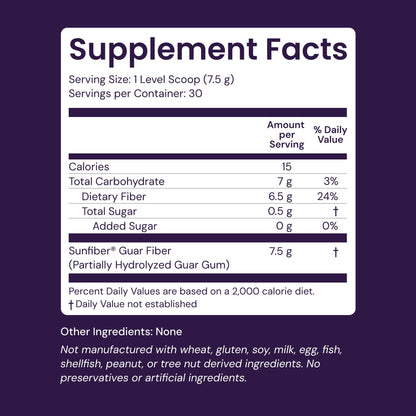 Unflavored water soluble prebiotic fiber powder for bloating relief