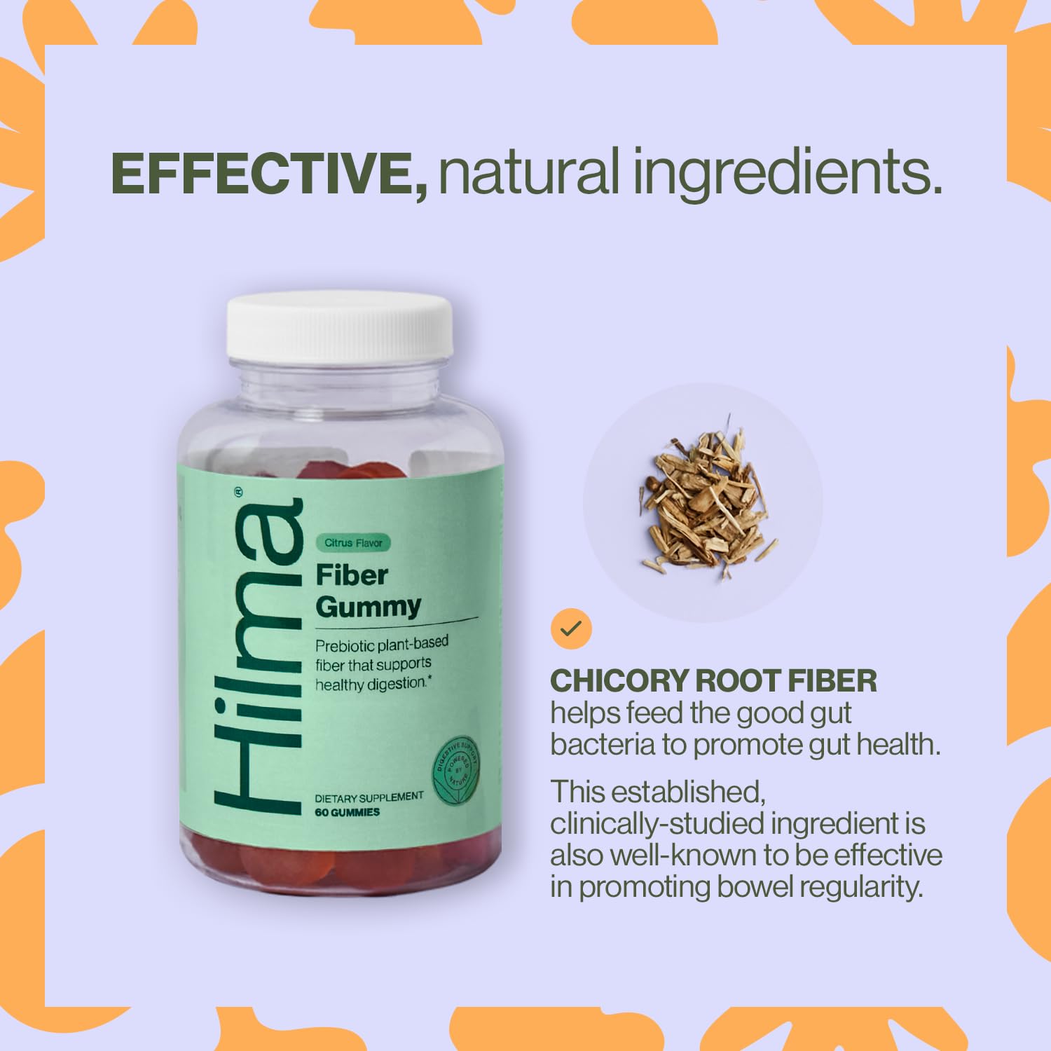 Supplement facts and clean plant based chicory root ingredients on Hilma bottle